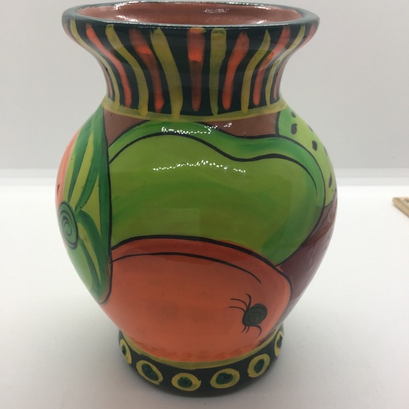 Colorful Glazed Mexican Redware Art Pottery Vase Fruit Pattern Tutti Fruiti Folk - Picture 6 of 10
